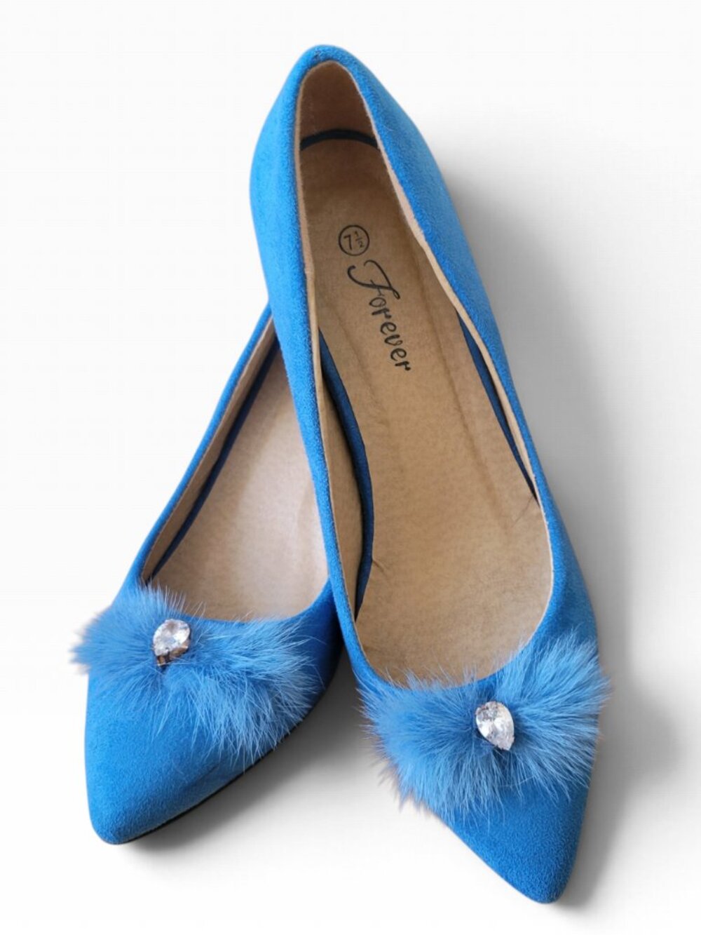 Forever Bright Blue Pointed-Toe Fur Pom-Pom Kitten Heel Pumps (Size 7.5)